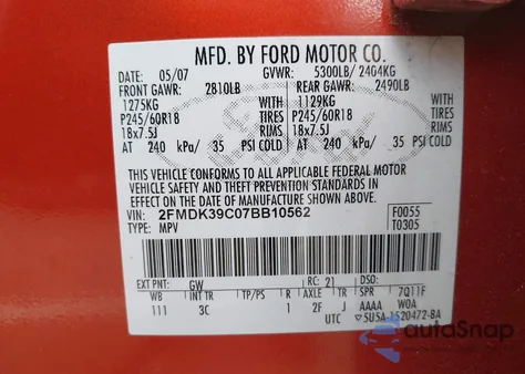 2007 Ford Edge Sel Plus из США, поврежденный, VIN 2FMDK39C07BB10562